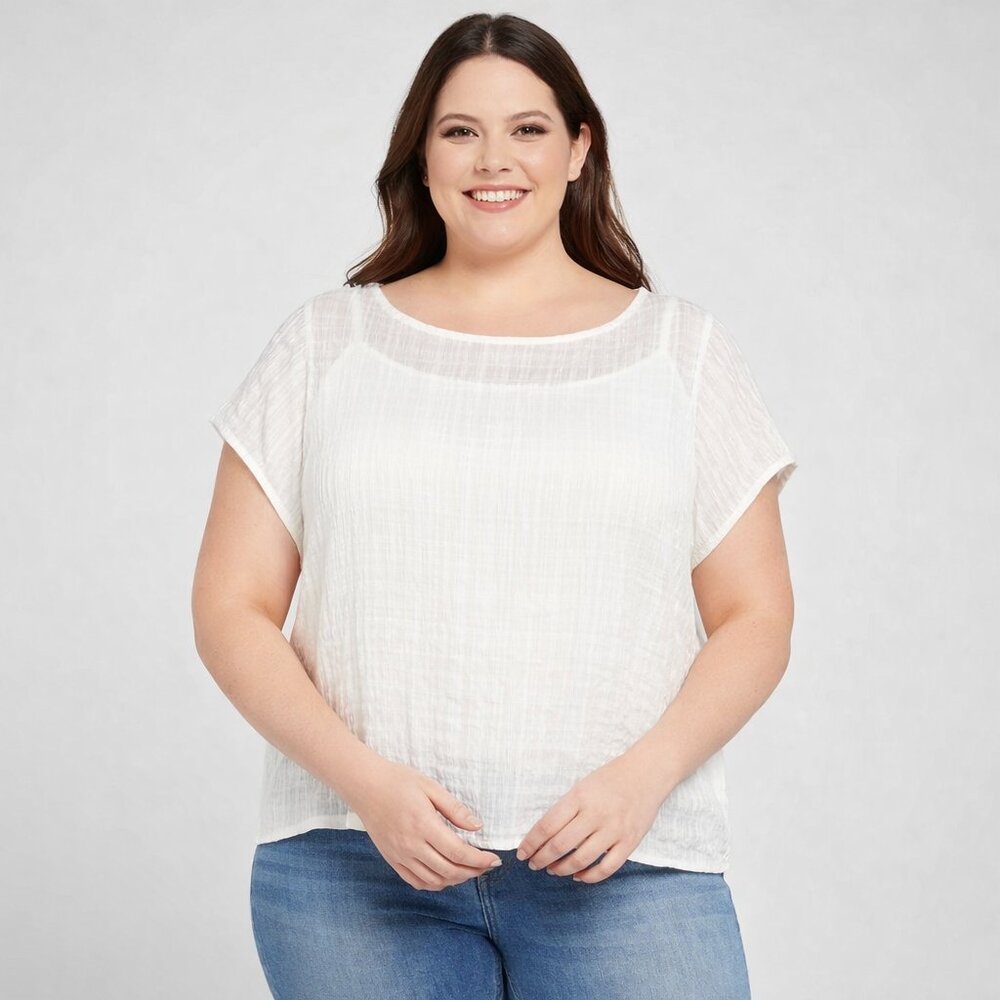 Worthington Crew Neck Gauzy Short Sleeve Sheer Blouse 1X - NEW